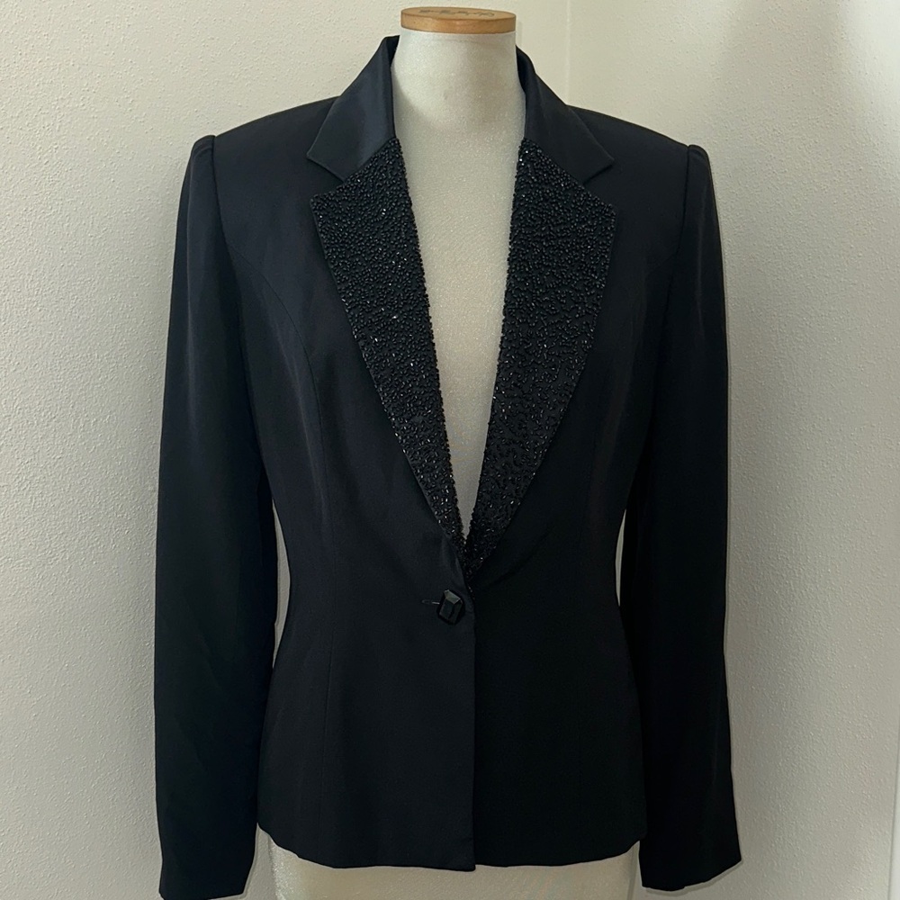 Laurence Kazar Paris New York black jacket silk beaded collar 6 cocktail